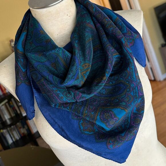 VTG Large Square Silk Cobalt Blue Teal Purple Jewel Toned Paisley Mosaic Scarf - Picture 3 of 16